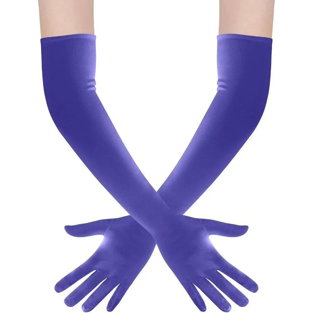 Women's Purple Long Satin Opera Fabric Gloves Party Tea Stretchy Elbow Length